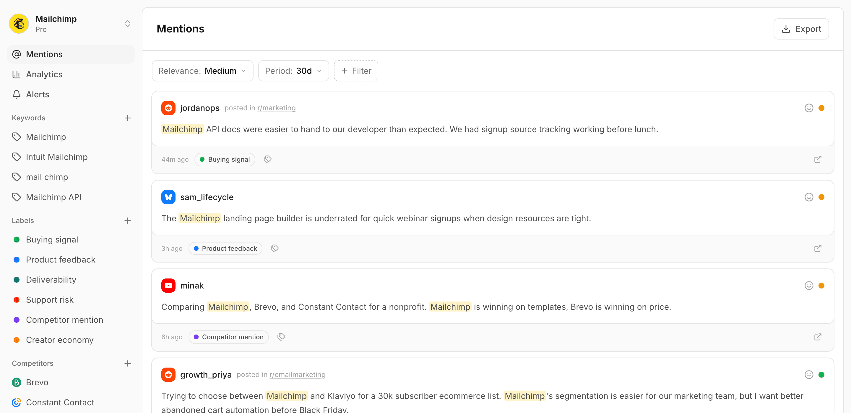 BrandSonar mentions feed showing Mailchimp mentions scored and labelled across platforms